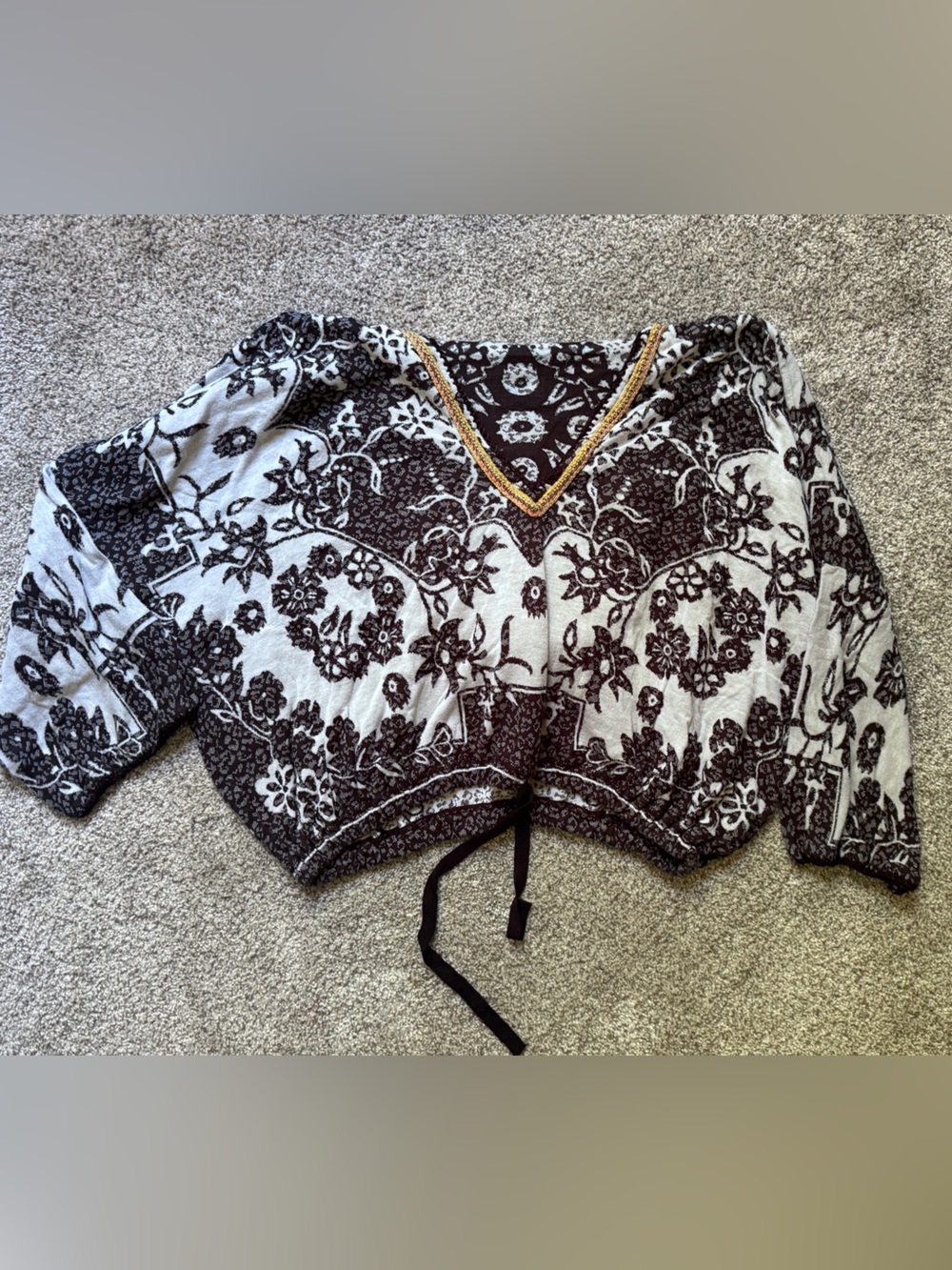 Free People Black & White Floral Tie-Front lightweight Hoodie with drawstring